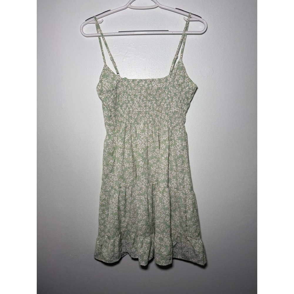 Womens Green Floral Smocked Milkmaid Tiered Mini Dress Medium Coquette Ethereal - Picture 8 of 12